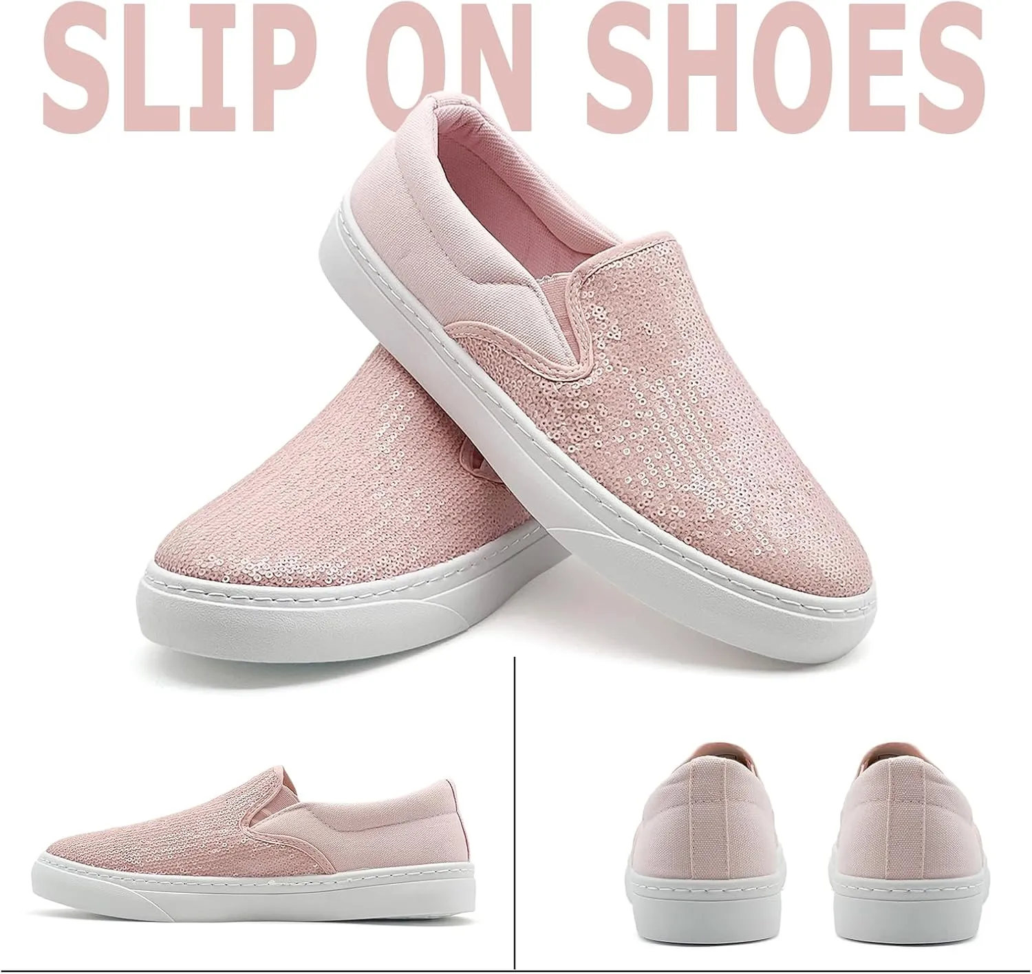 Women's Canvas Slip On Shoes Glitter Sequin Sneakers Sparkly Flat Loafers Casual Comfortable Tennis Shoes for Women