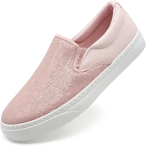 Women's Canvas Slip On Shoes Glitter Sequin Sneakers Sparkly Flat Loafers Casual Comfortable Tennis Shoes for Women