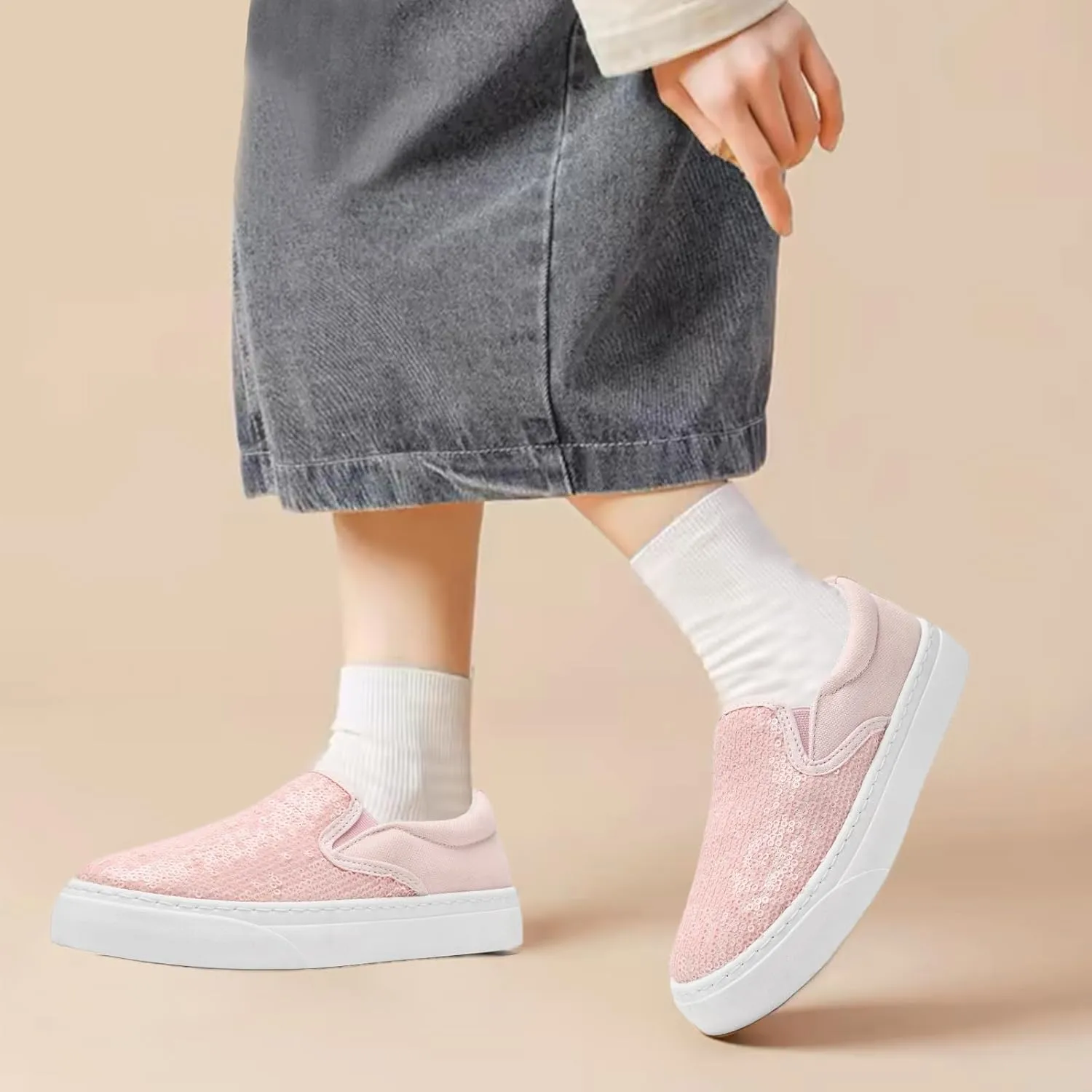 Women's Canvas Slip On Shoes Glitter Sequin Sneakers Sparkly Flat Loafers Casual Comfortable Tennis Shoes for Women
