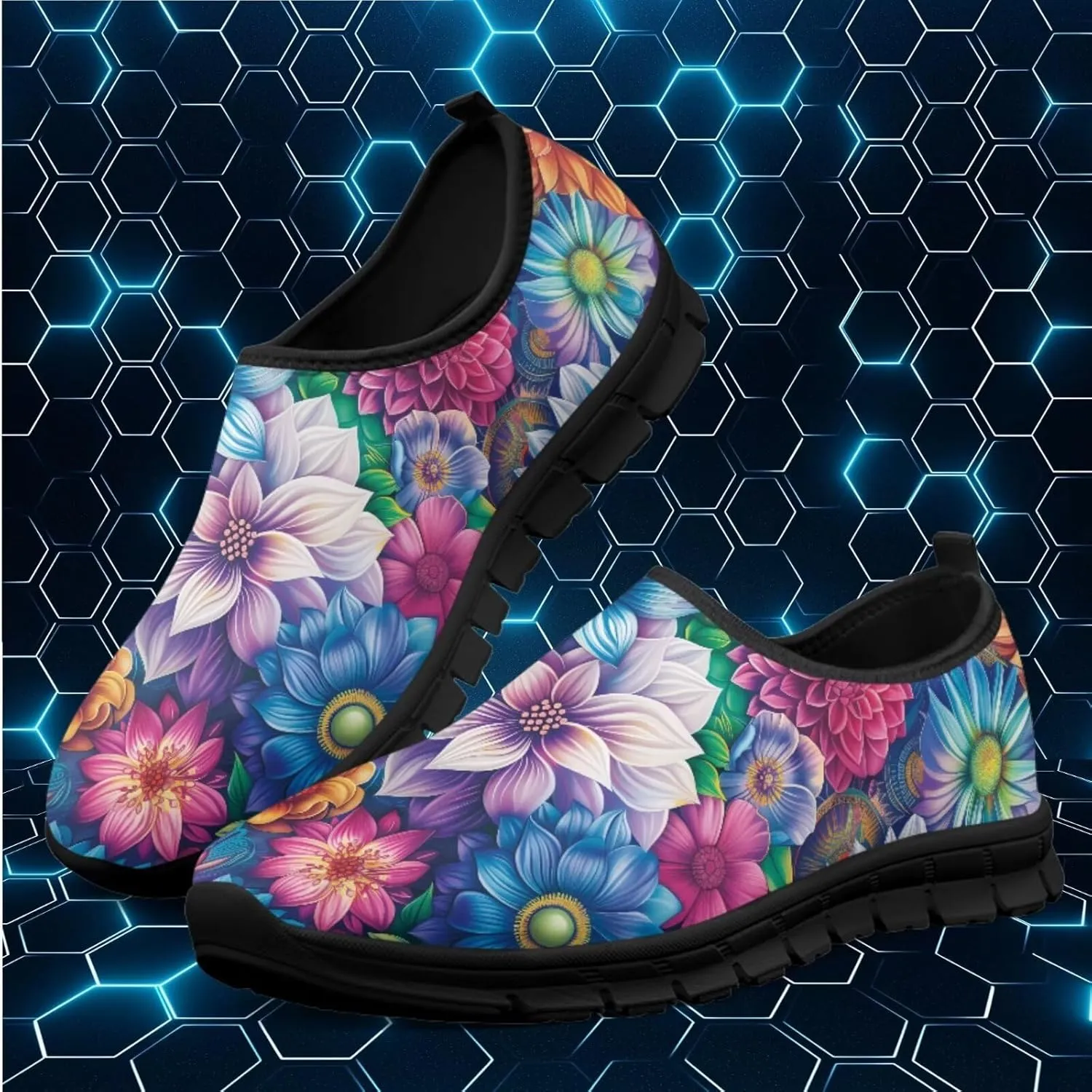 Women's Casual Walking Shoes with Flower,Slip On Mesh Sneakers Lightweight Anti Slip Running Shoes Gym Workout Shoes Trainers