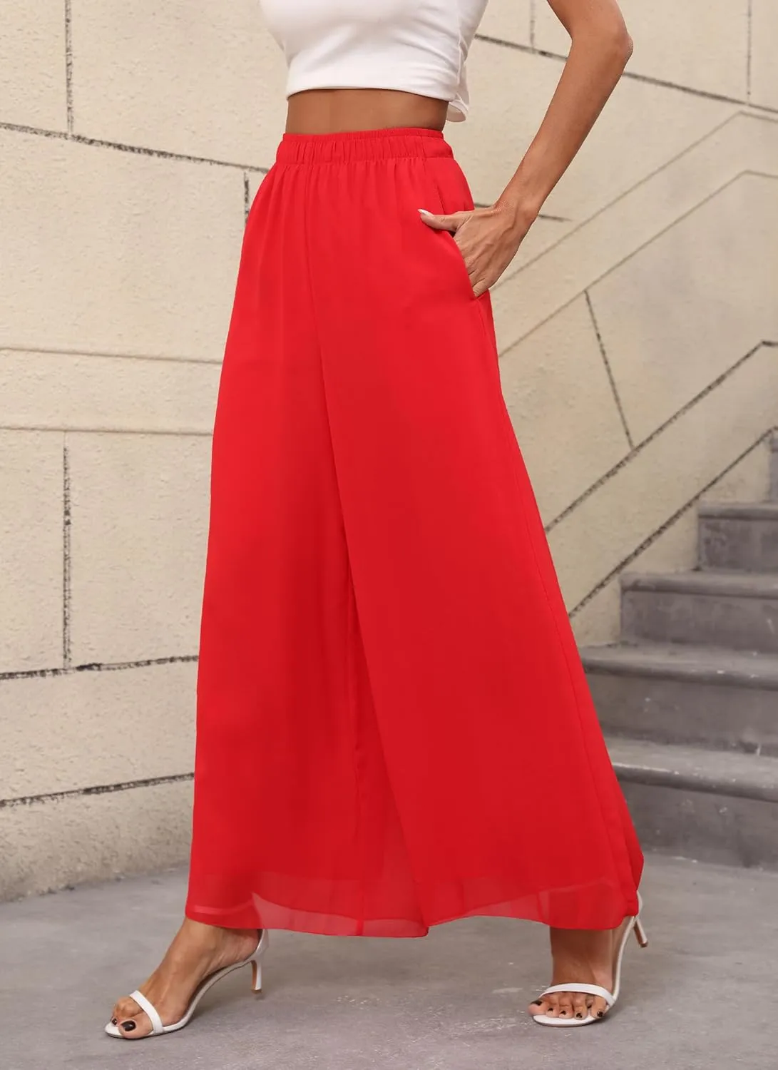 Women's Chiffon Dress Palazzo Pants Beach Wide Leg Elastic Waist Trouser Elegant Flowy High Waisted Ladies Lounge