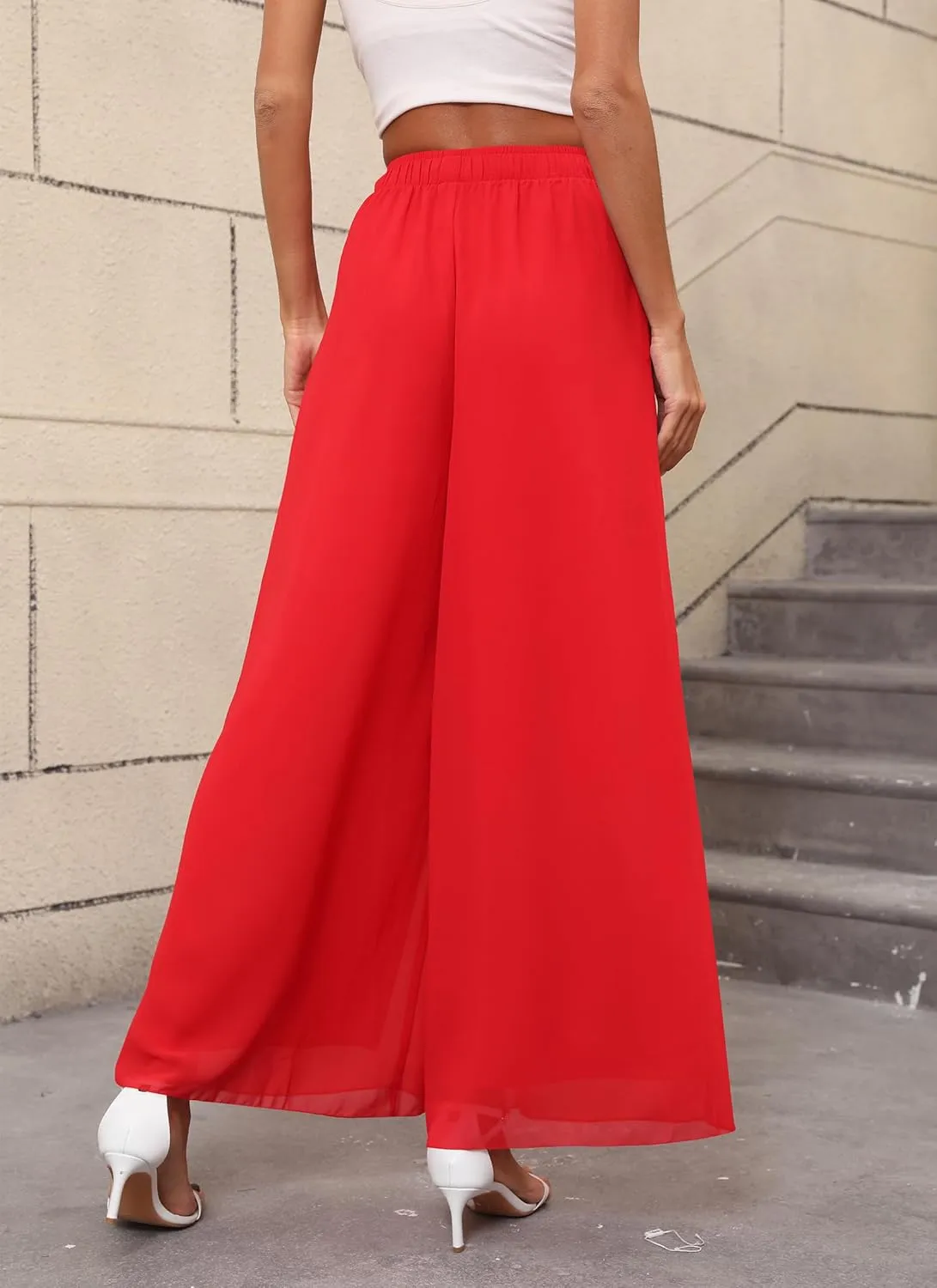 Women's Chiffon Dress Palazzo Pants Beach Wide Leg Elastic Waist Trouser Elegant Flowy High Waisted Ladies Lounge