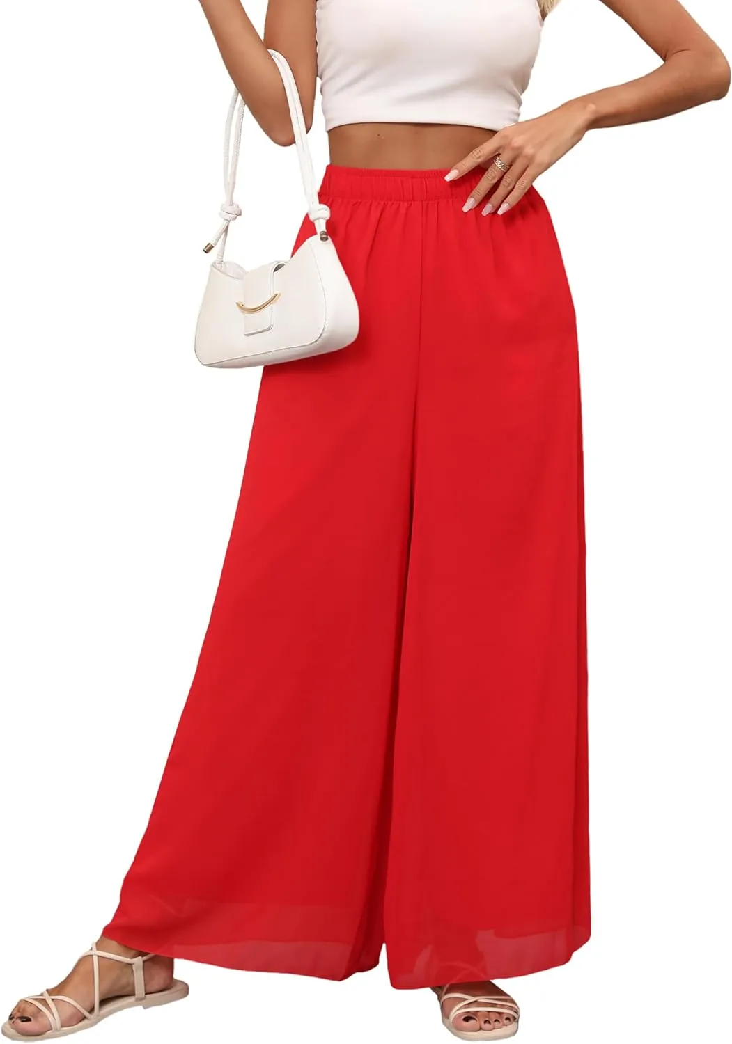 Women's Chiffon Dress Palazzo Pants Beach Wide Leg Elastic Waist Trouser Elegant Flowy High Waisted Ladies Lounge