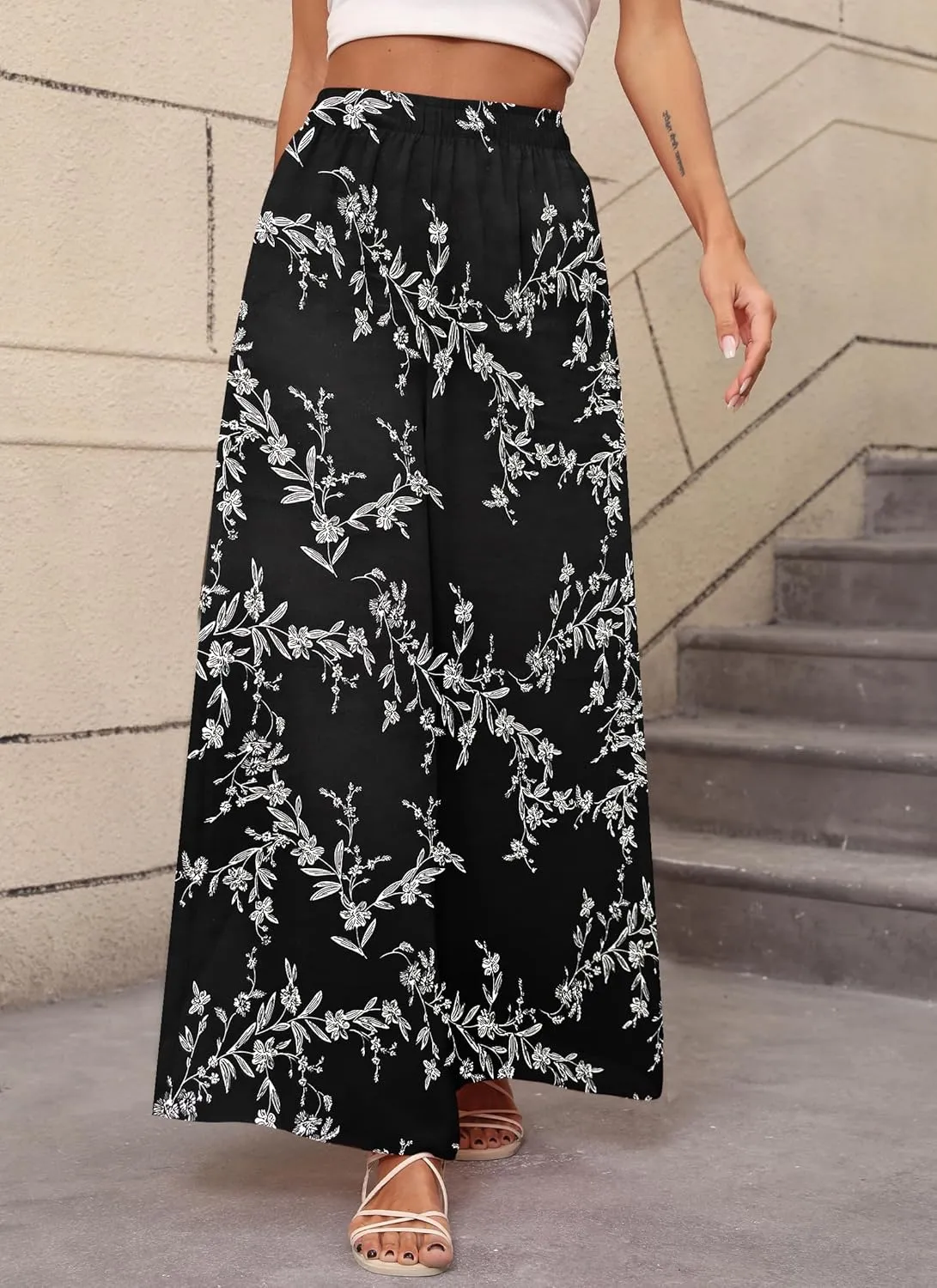 Women's Chiffon Dress Palazzo Pants Beach Wide Leg Elastic Waist Trouser Elegant Flowy High Waisted Ladies Lounge