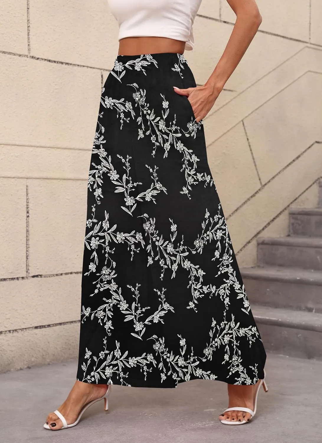 Women's Chiffon Dress Palazzo Pants Beach Wide Leg Elastic Waist Trouser Elegant Flowy High Waisted Ladies Lounge
