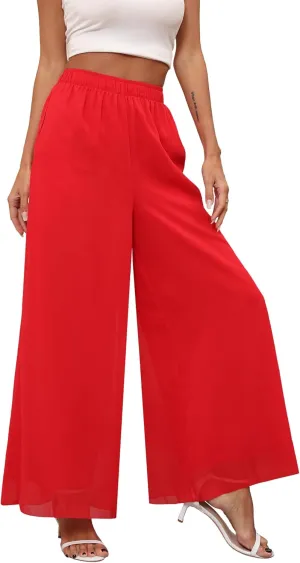 Women's Chiffon Dress Palazzo Pants Beach Wide Leg Elastic Waist Trouser Elegant Flowy High Waisted Ladies Lounge