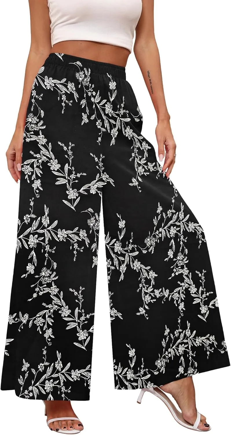 Women's Chiffon Dress Palazzo Pants Beach Wide Leg Elastic Waist Trouser Elegant Flowy High Waisted Ladies Lounge
