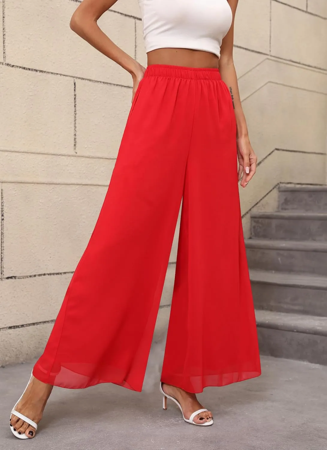 Women's Chiffon Dress Palazzo Pants Beach Wide Leg Elastic Waist Trouser Elegant Flowy High Waisted Ladies Lounge