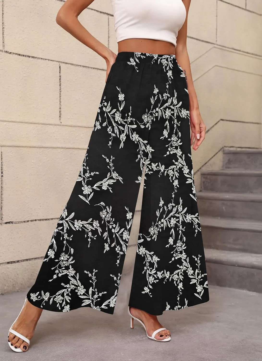 Women's Chiffon Dress Palazzo Pants Beach Wide Leg Elastic Waist Trouser Elegant Flowy High Waisted Ladies Lounge