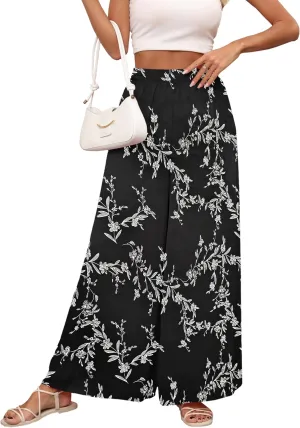 Women's Chiffon Dress Palazzo Pants Beach Wide Leg Elastic Waist Trouser Elegant Flowy High Waisted Ladies Lounge