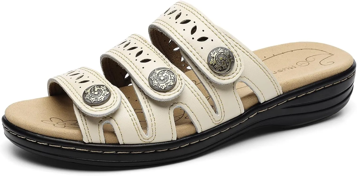 Women's Comfort Leather Slides Lightweight Flat Sandals Cute Slip On Casual Walking Slippers
