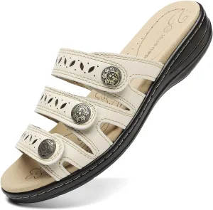 Women's Comfort Leather Slides Lightweight Flat Sandals Cute Slip On Casual Walking Slippers