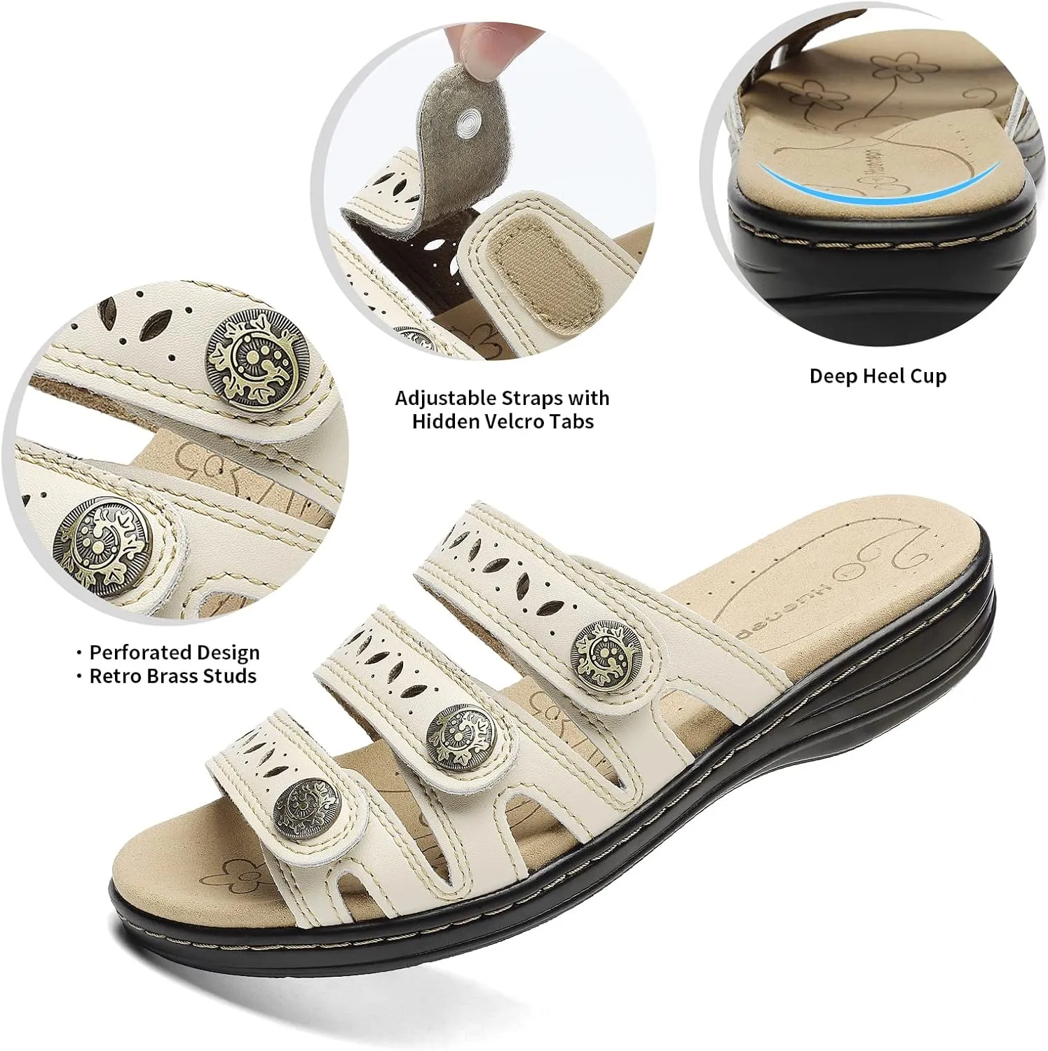 Women's Comfort Leather Slides Lightweight Flat Sandals Cute Slip On Casual Walking Slippers
