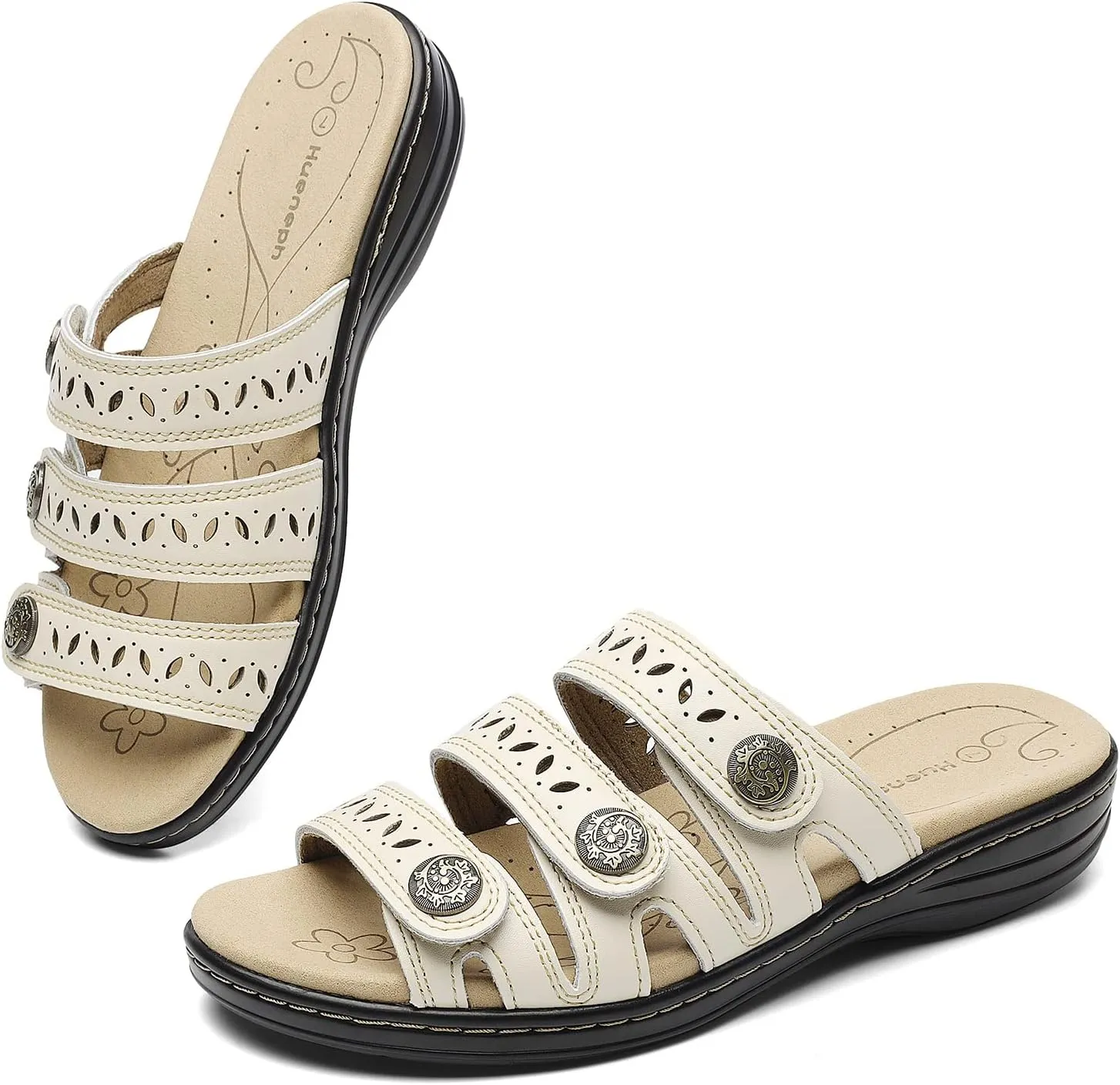 Women's Comfort Leather Slides Lightweight Flat Sandals Cute Slip On Casual Walking Slippers