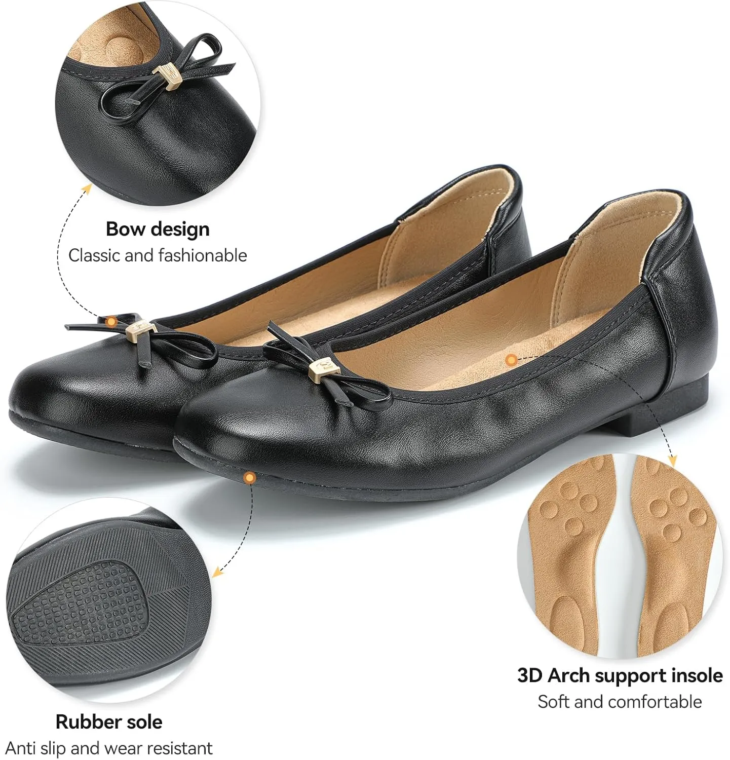 Women's Comfortable Ballet Flats Round Toe Flat Shoes for Women Bow Dressy Flats Shoes with Arch Support Insole