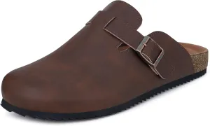 Womens Cork Footbed Clogs Mens PU Leather Mules with Arch Support Adjustable Buckle Comfort Slip On Potato Shoes Unisex Non-Slip Flat Sandals Indoor Outdoor