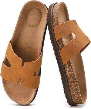 Women's Cork Footbed Slide Sandals with Arch Support,Comfortable Summer Flat Sandals for Women,Memory Foam Outdoor Slippers