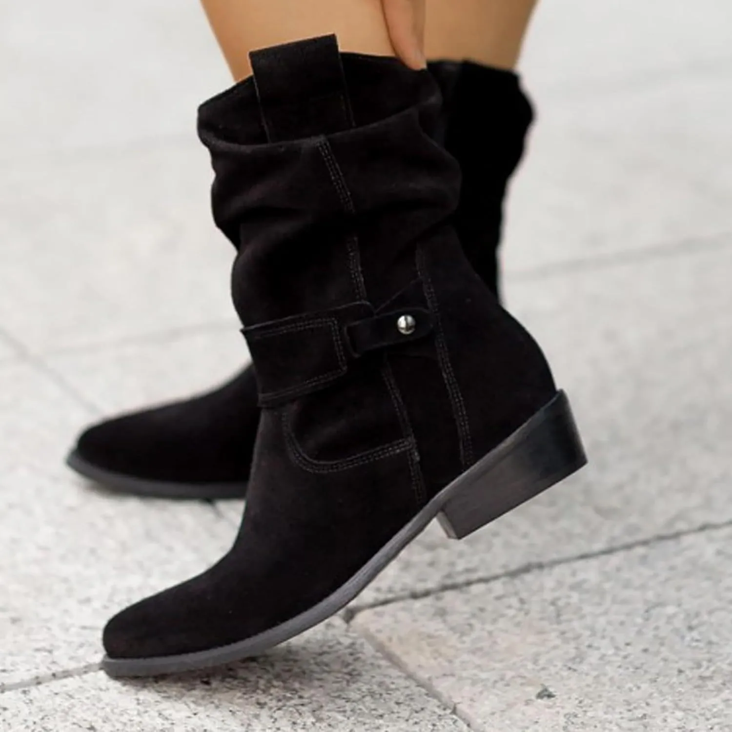 Womens Cowboy Boots Western Suede Side Zip Classic Low Heel Pointed Toe Cowgirl Comfy Ankle Boots Mid-Calf Booties