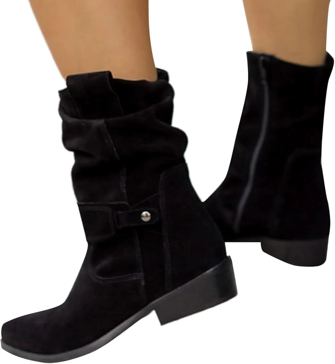 Womens Cowboy Boots Western Suede Side Zip Classic Low Heel Pointed Toe Cowgirl Comfy Ankle Boots Mid-Calf Booties