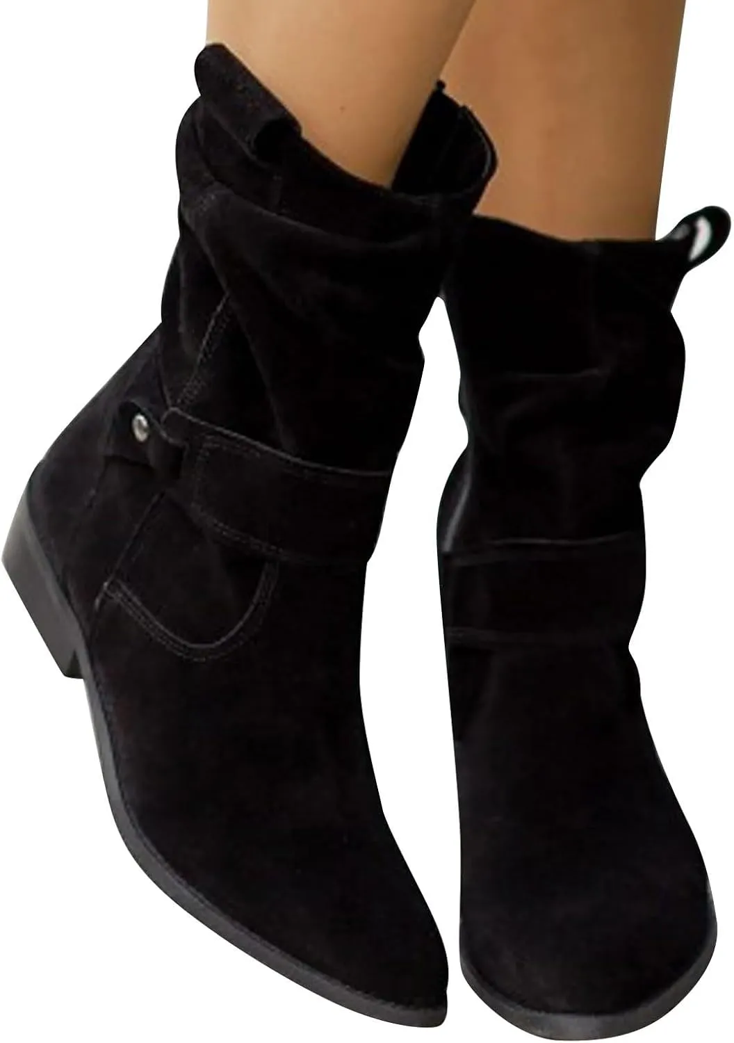 Womens Cowboy Boots Western Suede Side Zip Classic Low Heel Pointed Toe Cowgirl Comfy Ankle Boots Mid-Calf Booties