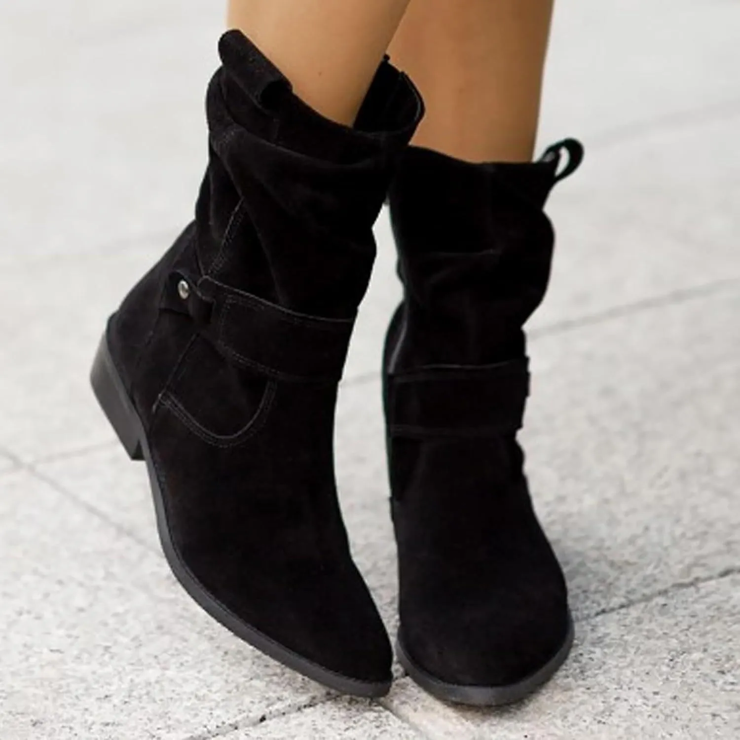 Womens Cowboy Boots Western Suede Side Zip Classic Low Heel Pointed Toe Cowgirl Comfy Ankle Boots Mid-Calf Booties
