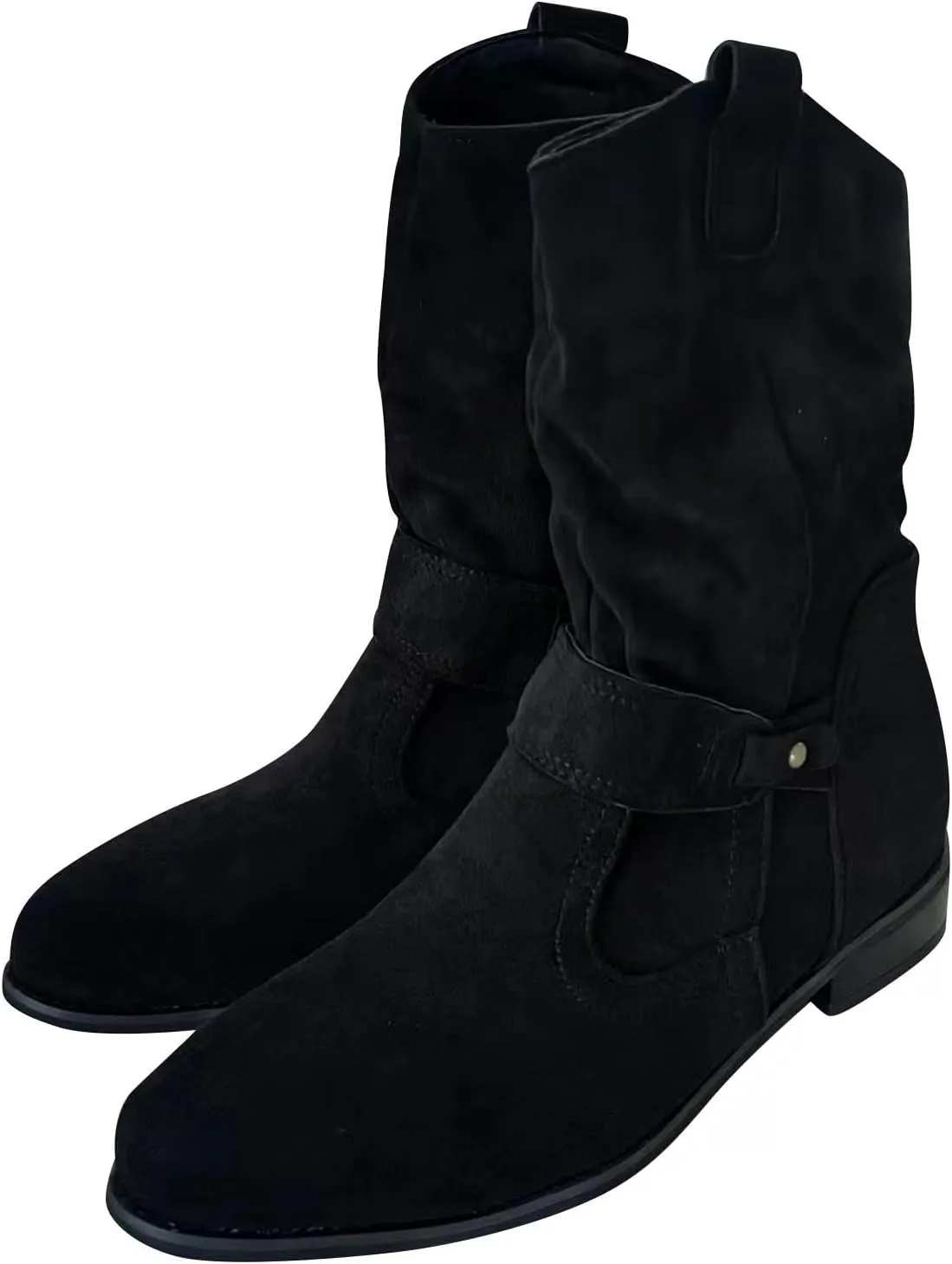 Womens Cowboy Boots Western Suede Side Zip Classic Low Heel Pointed Toe Cowgirl Comfy Ankle Boots Mid-Calf Booties