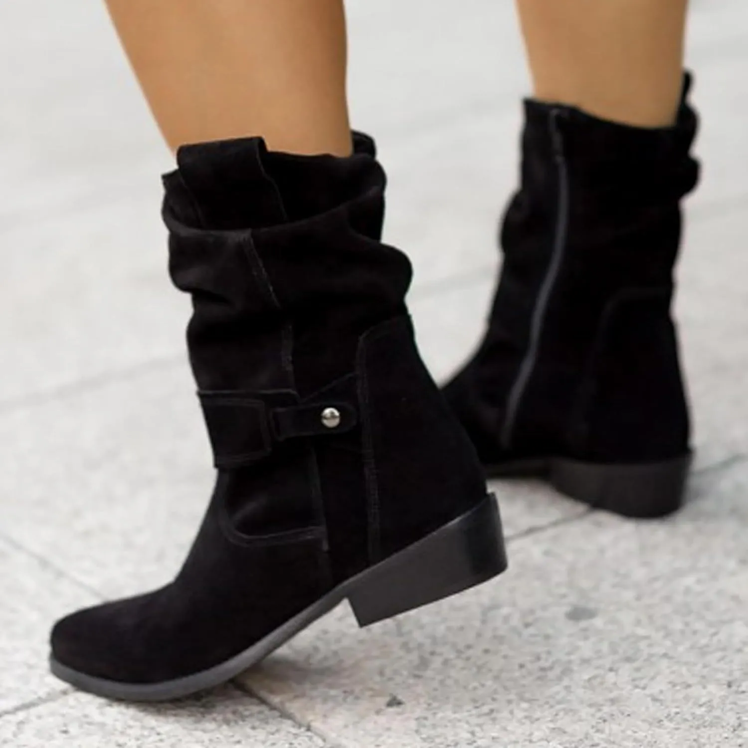 Womens Cowboy Boots Western Suede Side Zip Classic Low Heel Pointed Toe Cowgirl Comfy Ankle Boots Mid-Calf Booties