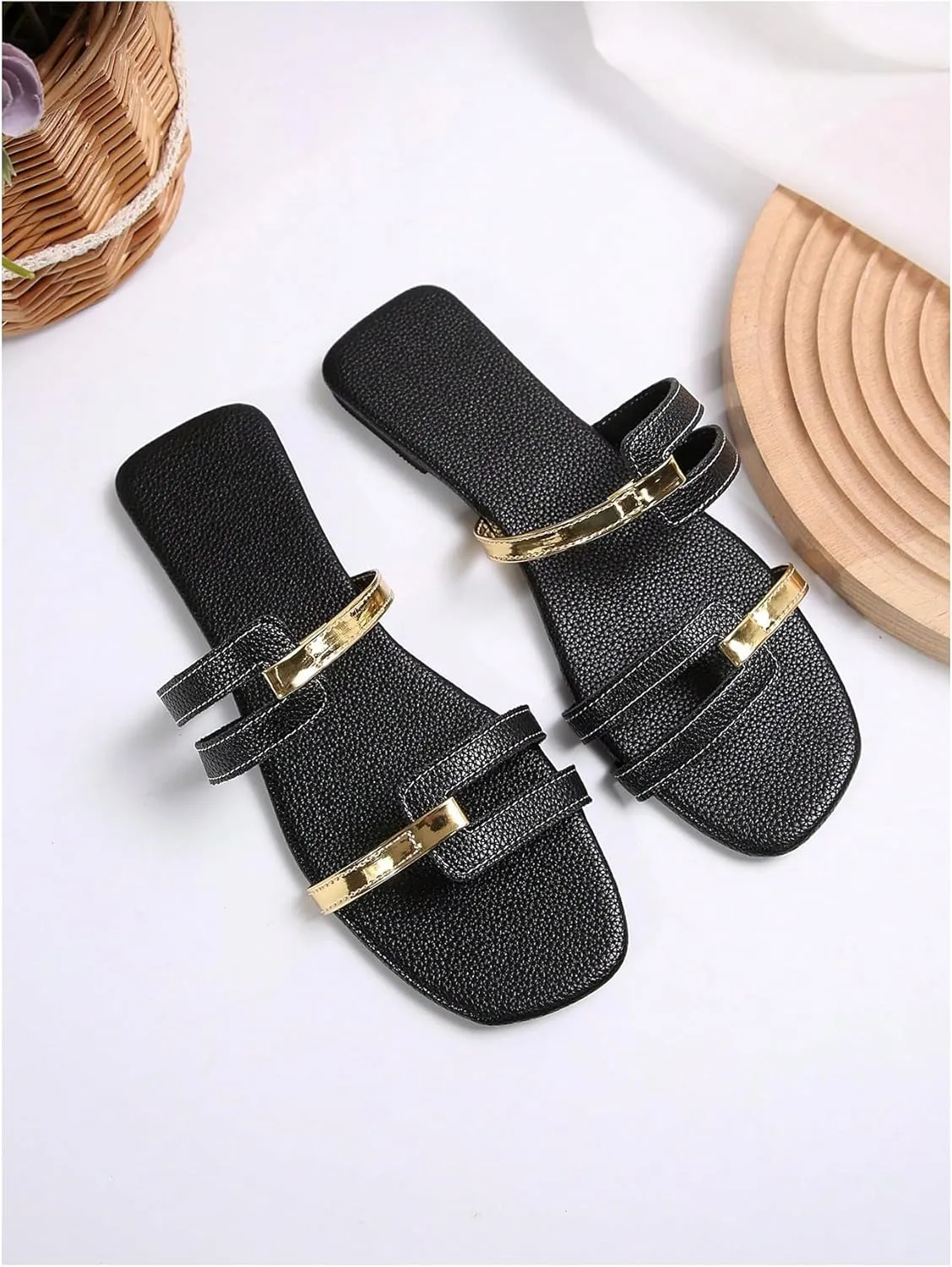 Women's Cut Out Sandal Leather Flat Sandal Dressy Open Toe Slip On Summer Vacation Flat Sandals