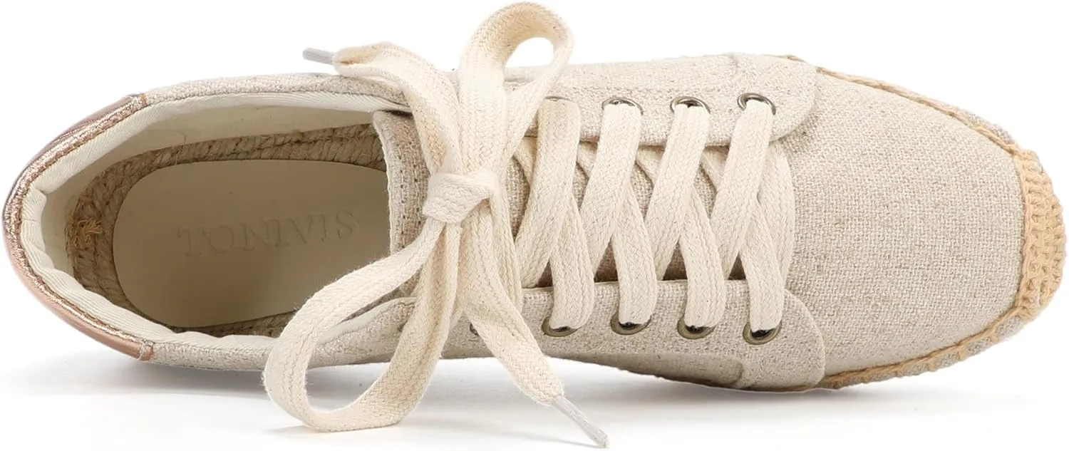 Women's Espadrille Lace-up Sneakers Platform Jute- Breathable for Casual Comfort Flat Shoes