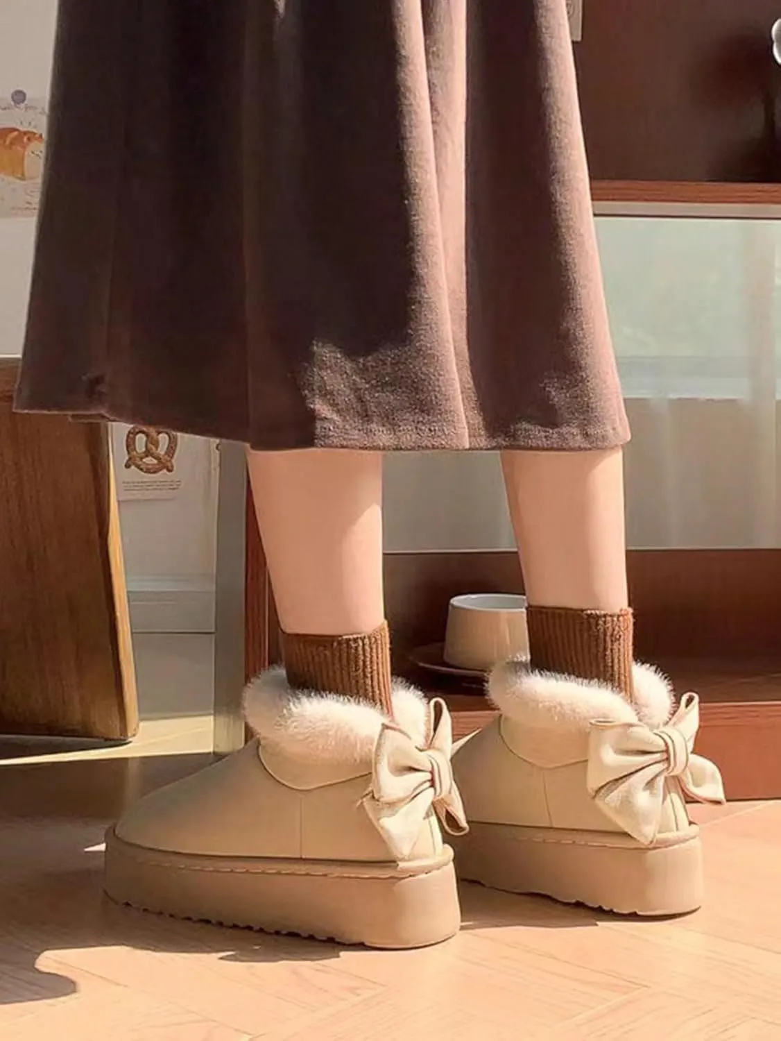 Women's EVA Thick Bottom Bow-Knot Thermal Lined Anti-Slip Flat Casual Shoes, Fashion & Warm For Autumn/Winter