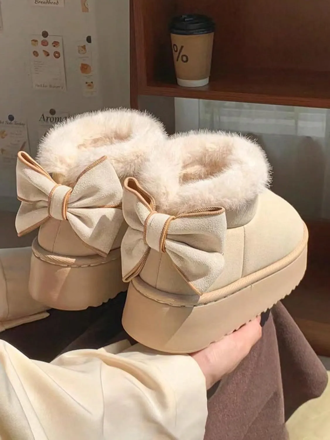 Women's EVA Thick Bottom Bow-Knot Thermal Lined Anti-Slip Flat Casual Shoes, Fashion & Warm For Autumn/Winter
