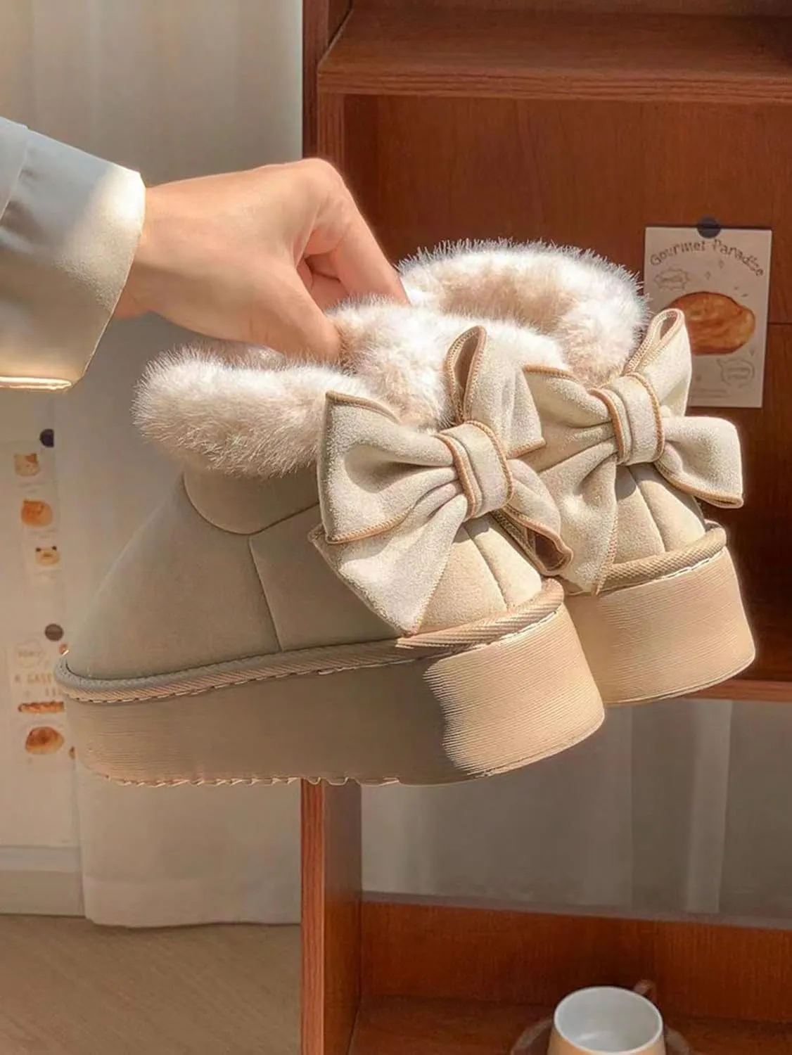 Women's EVA Thick Bottom Bow-Knot Thermal Lined Anti-Slip Flat Casual Shoes, Fashion & Warm For Autumn/Winter