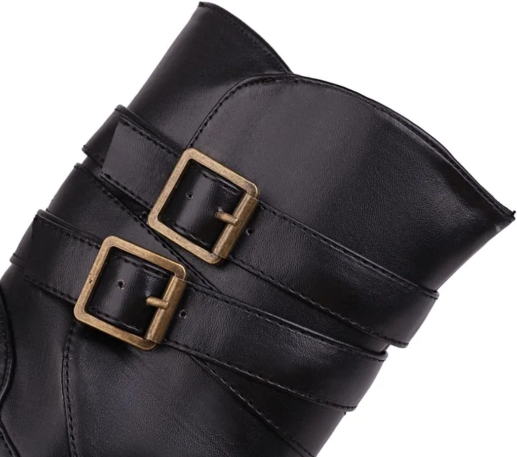 Women's Fashion Buckle Strappy Combat Ankle Boots Round Toe Zipper Flat Western Riding Short Booties
