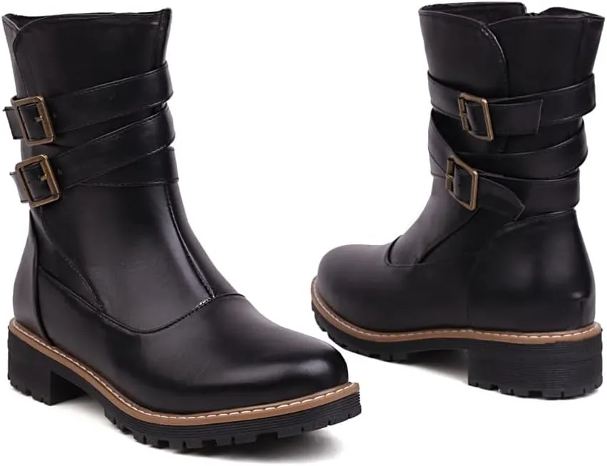 Women's Fashion Buckle Strappy Combat Ankle Boots Round Toe Zipper Flat Western Riding Short Booties