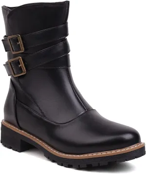 Women's Fashion Buckle Strappy Combat Ankle Boots Round Toe Zipper Flat Western Riding Short Booties