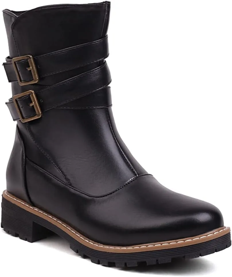 Women's Fashion Buckle Strappy Combat Ankle Boots Round Toe Zipper Flat Western Riding Short Booties