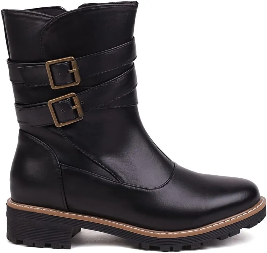 Women's Fashion Buckle Strappy Combat Ankle Boots Round Toe Zipper Flat Western Riding Short Booties