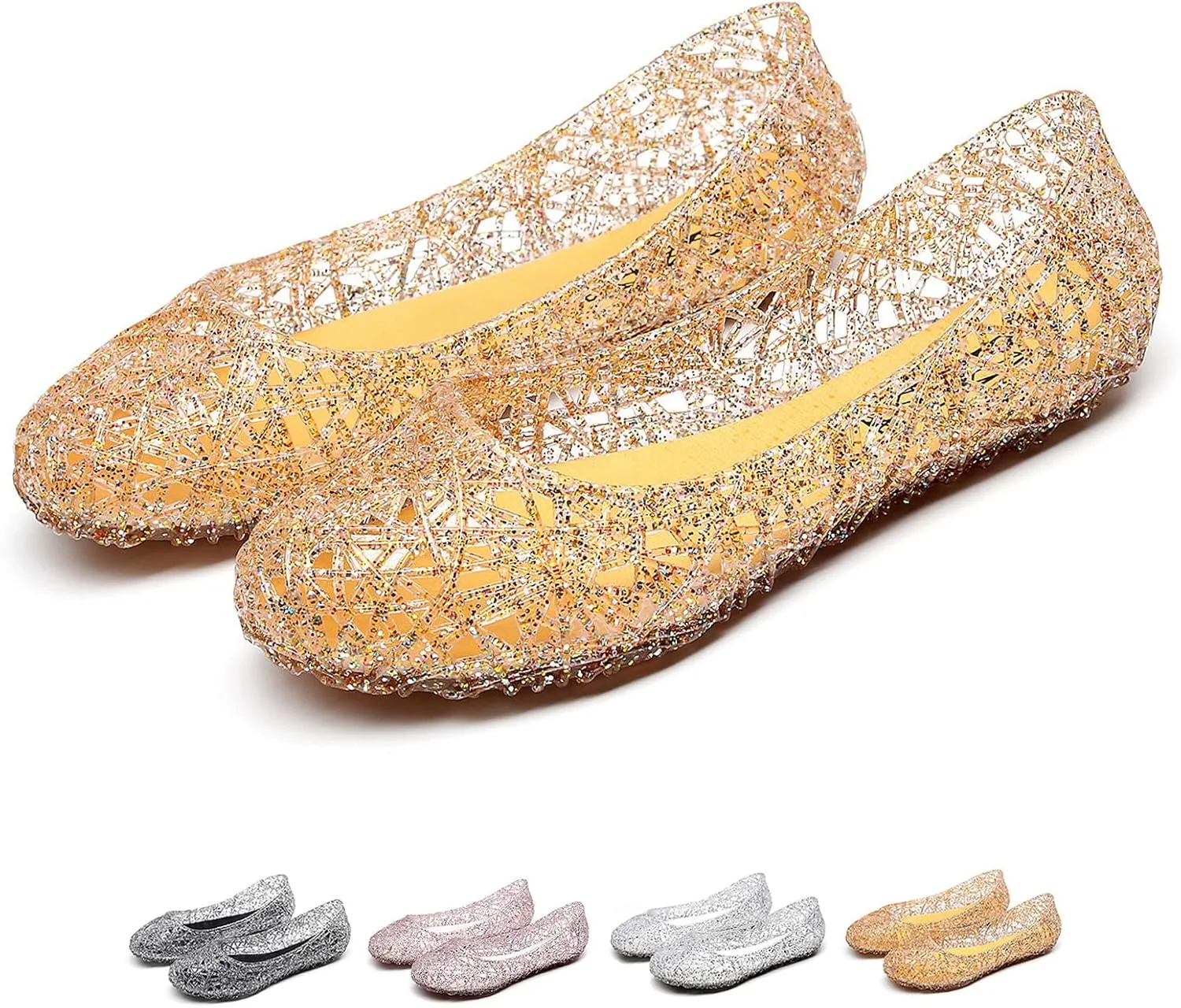 Women's Flat Crystal Jelly Hollow Out Loafers Shoes,Clear Glitter Slip On Summer Beach Sandals Breathable Anti-Slip Ballet Flat