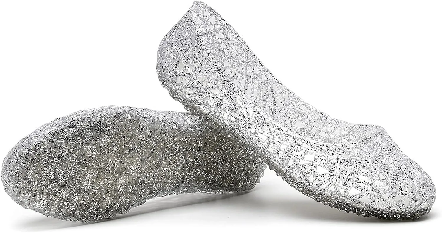 Women's Flat Crystal Jelly Hollow Out Loafers Shoes,Clear Glitter Slip On Summer Beach Sandals Breathable Anti-Slip Ballet Flat