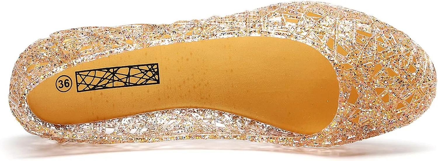 Women's Flat Crystal Jelly Hollow Out Loafers Shoes,Clear Glitter Slip On Summer Beach Sandals Breathable Anti-Slip Ballet Flat