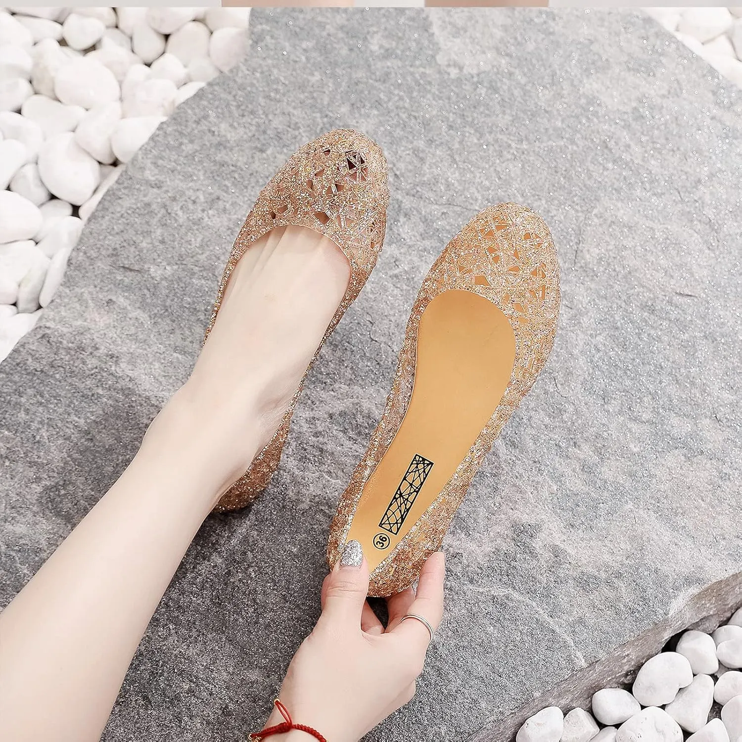 Women's Flat Crystal Jelly Hollow Out Loafers Shoes,Clear Glitter Slip On Summer Beach Sandals Breathable Anti-Slip Ballet Flat