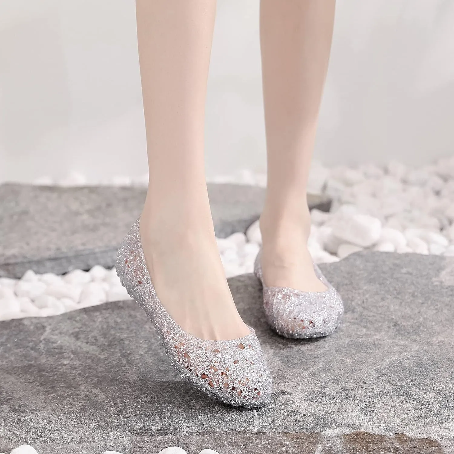 Women's Flat Crystal Jelly Hollow Out Loafers Shoes,Clear Glitter Slip On Summer Beach Sandals Breathable Anti-Slip Ballet Flat