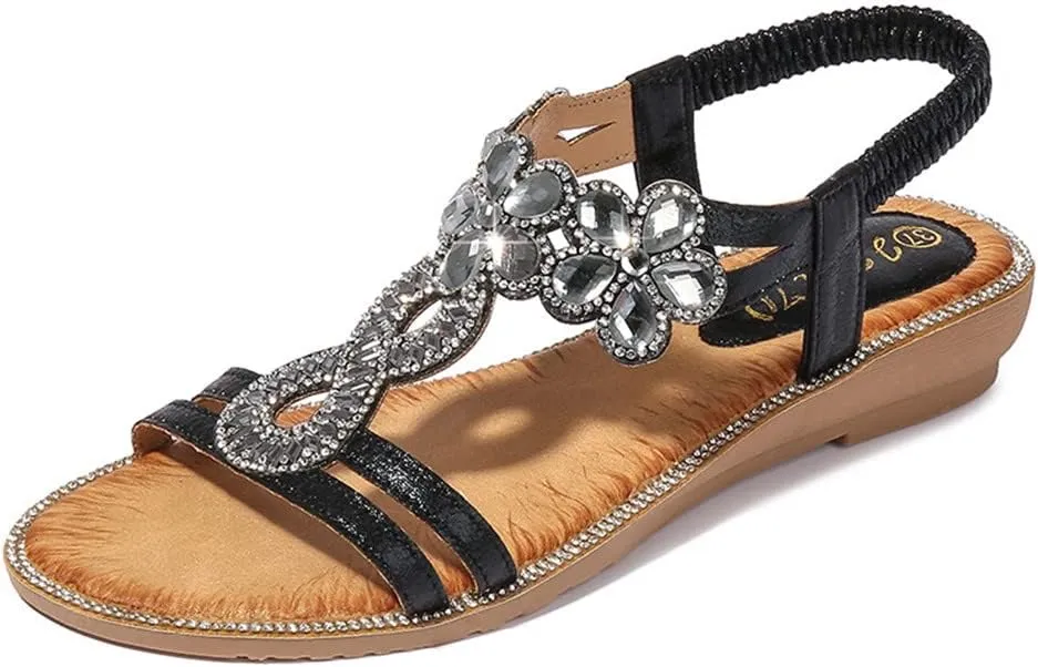 Women's Flat Sandals Summer Beach Sandal T-Strap Rhinestone Beaded Bohemia Shoes