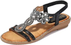 Women's Flat Sandals Summer Beach Sandal T-Strap Rhinestone Beaded Bohemia Shoes