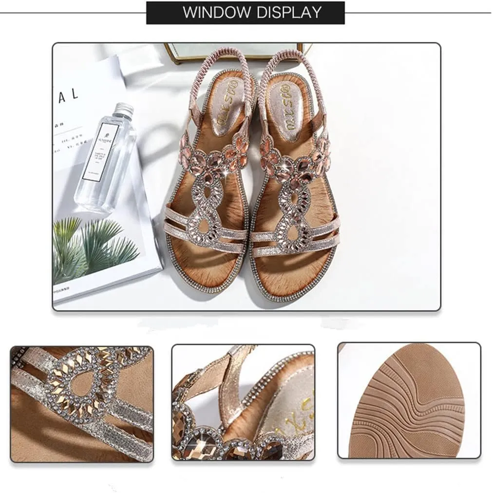 Women's Flat Sandals Summer Beach Sandal T-Strap Rhinestone Beaded Bohemia Shoes