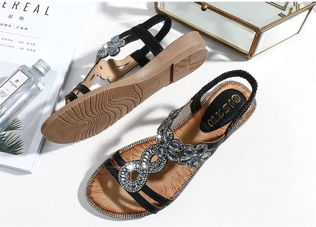 Women's Flat Sandals Summer Beach Sandal T-Strap Rhinestone Beaded Bohemia Shoes