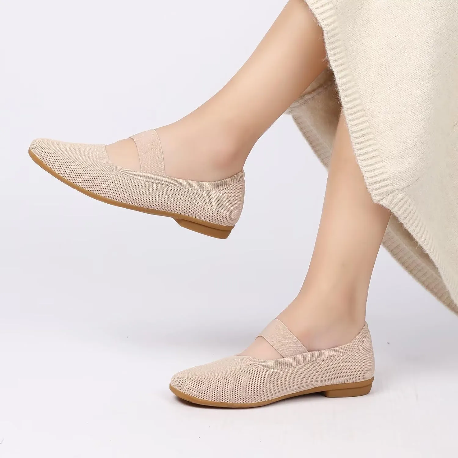 Women’s Flats Shoes Knit Mary Jane Ballet Flat Comfort Walking Dressy Work Office Ballerina Slip-on Shoes with Strap