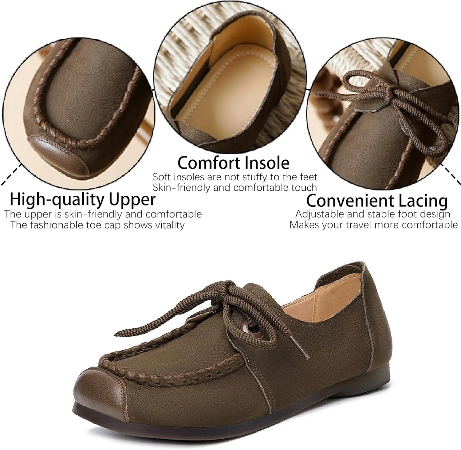 Women's Genuine Leather Flat Loafers Retro Comfortable Round Toe Lace-up Slip On Anti-Slip Soft Bottom Walking Shoes for Daily Work Office Casual Shoes