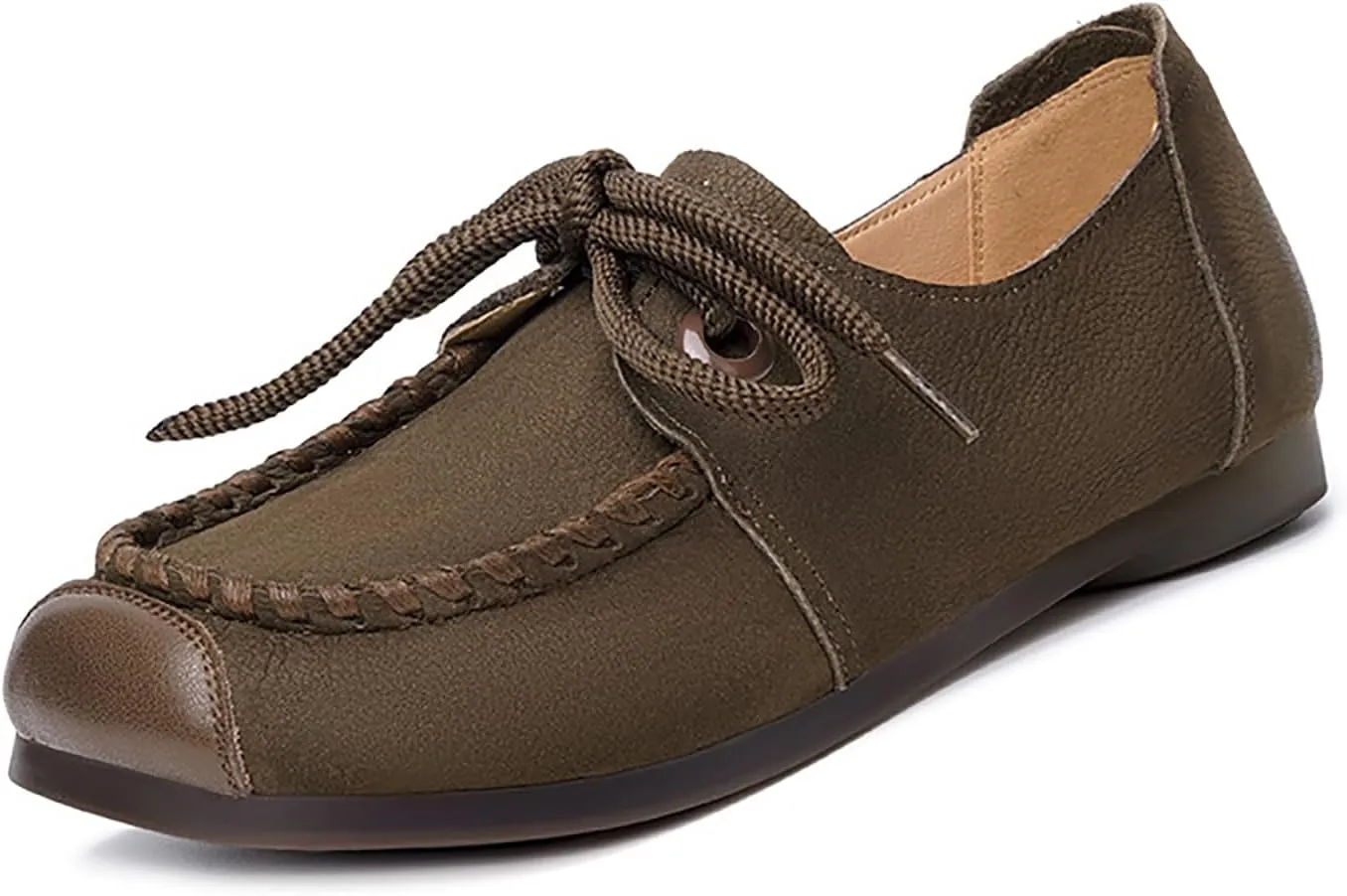 Women's Genuine Leather Flat Loafers Retro Comfortable Round Toe Lace-up Slip On Anti-Slip Soft Bottom Walking Shoes for Daily Work Office Casual Shoes