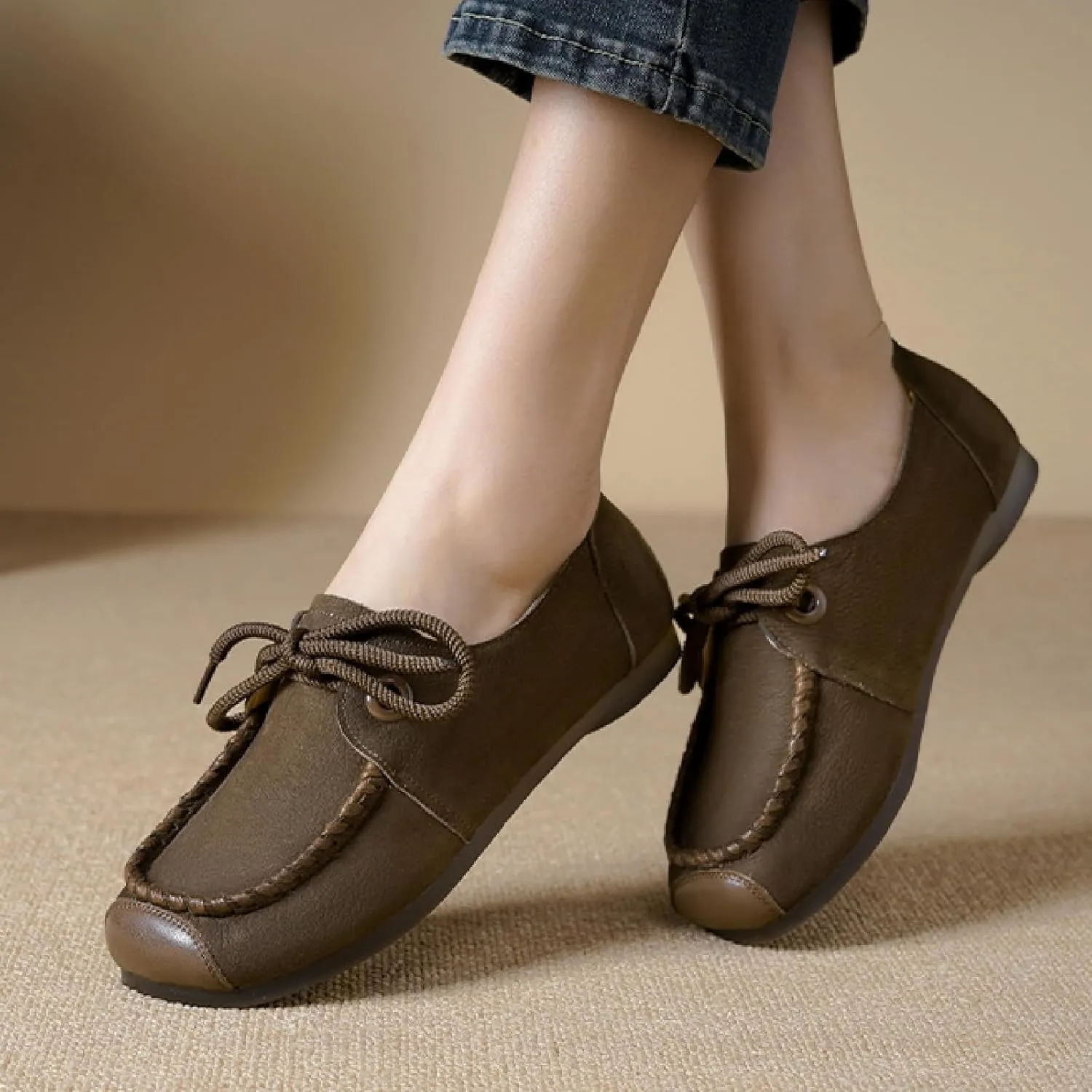 Women's Genuine Leather Flat Loafers Retro Comfortable Round Toe Lace-up Slip On Anti-Slip Soft Bottom Walking Shoes for Daily Work Office Casual Shoes